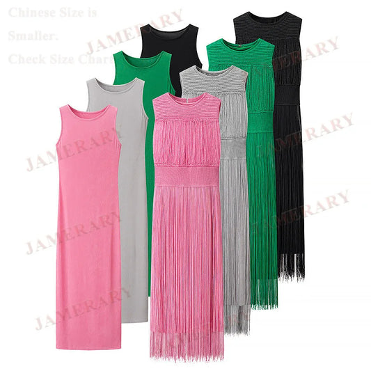 Summer Autumn Knitted Tassel Dress Two Piece Set Women Vintage Sleeveless Knitting Straight Midi Long Dresses
