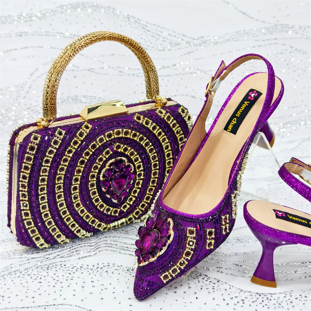 Venus Chan 2025 Elegant Rhinestone Pointed Toe Pumps With Matching Bag Set Large Size shoes Big Bag for Women's Party High Heels