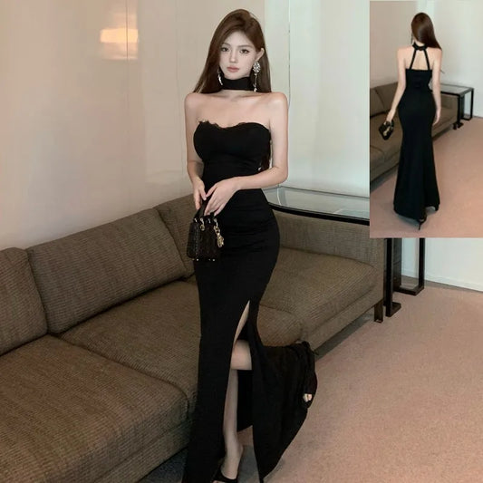 French Socialite Chic Black Strapless Halter Neck Evening Dress Women Elegant Lace Sexy Backless Bodycon Slit Formal Dress New