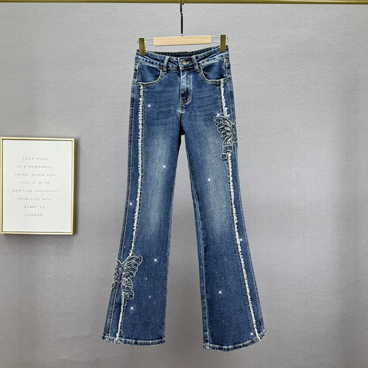 Skinny Flared Jeans for Women, 2025 Autumn New Elastic High Waist Slim Fit European Style Rhinestone Frayed Hem Extended Pants