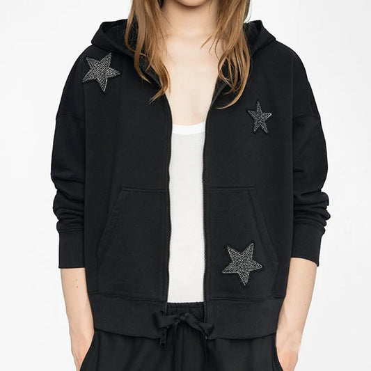 Black Zip Hooded Sweatshirt Stars Patch Embroidery Diamond Hoodies Women Long Sleeve Tops Zadig Female Hoodie Cotton Hooded