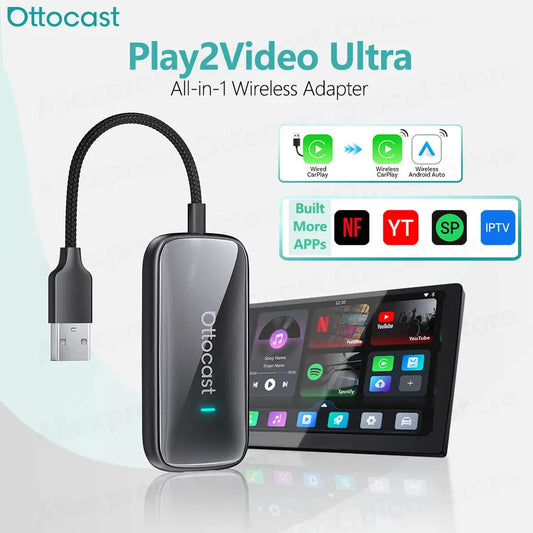 OTTOCAST Play2Video Ultra Wireless CarPlay Android Auto Adapter for Youtube for Netflix Video Box Car Accessories