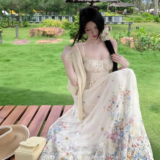 Floral Print Slimming Summer French Long Dress Strapless Gown Vacation New Style Heavy Embellished Waist Cinched Floral Dress