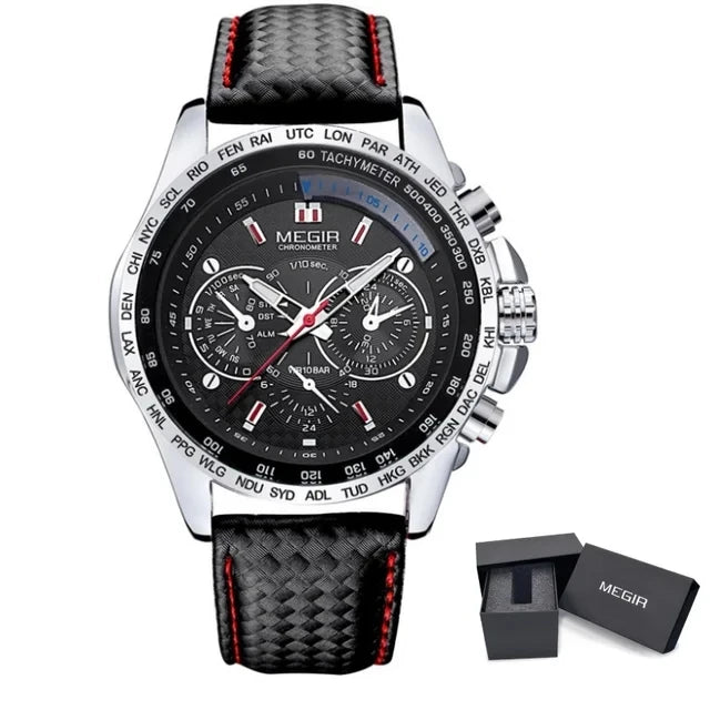 MEGIR 1010 Men's Quartz Watches Original Fashion Creative Clock Leather Strap Strap Analog Display Wrist Watches for Male Gift