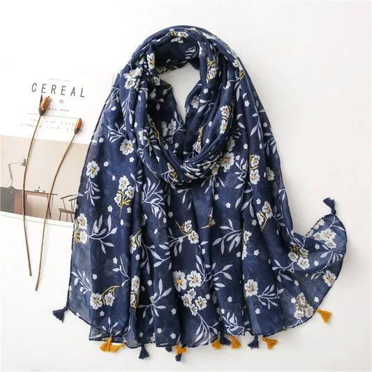 88*180cm Bohemia Flower Women Scarf Shawl Cotton Linen Feeling Tassel Pashmina Muslim Hijab Wrap Lady Viscose Scarf