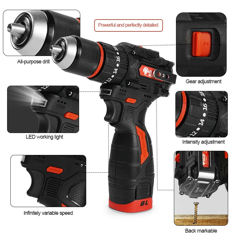 Drill Electric 16.8V 2 In1 Screwdriver Multi-function Power Tool 280Nm Torque Brushless Motor Screw Driver Electronics Repairing
