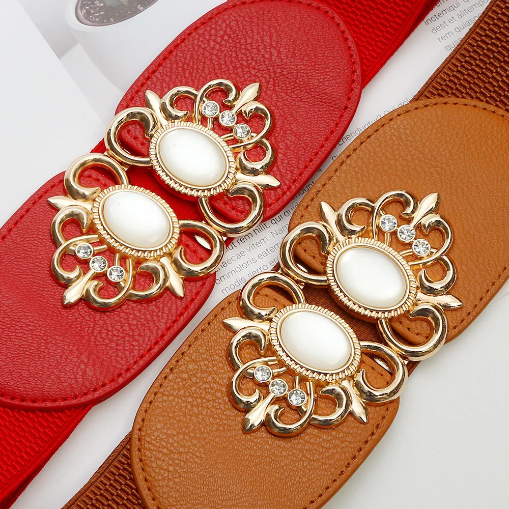 70-90cm Golden Yellow Button Women Red Belt All match Waist Seal Decorative Dress Rhinestone Cross border Elastic Buckle Black