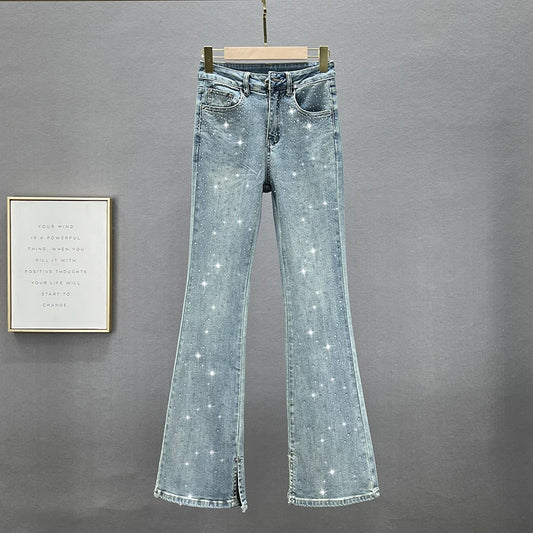 European Style Women's Jeans Trendy Spring Autumn New High Waist Slim Fit Heavy Embellished Flared Pants Long Denim Pants