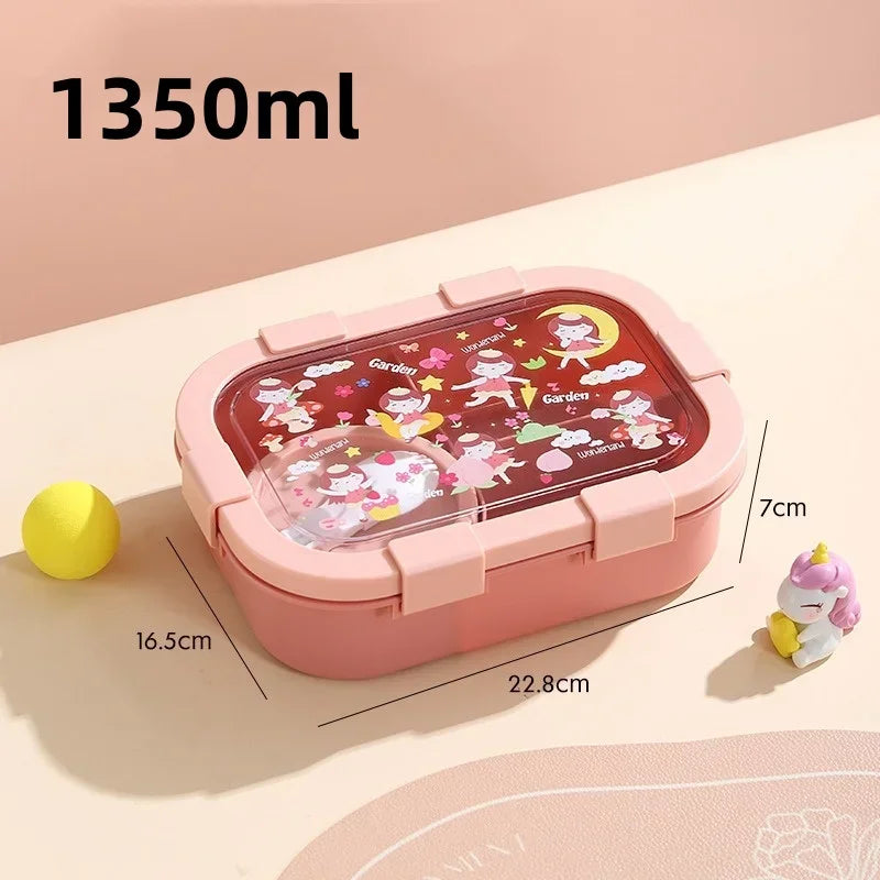 1000/1350ml Cartoon Lunch Box with Soup Bowl Bento Box Buckle Design Sealed and Leak-proof Portable Food Storage Container