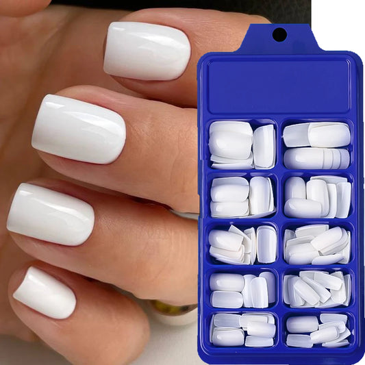 ✨ 100pcs White Square False Nails | Full Cover Acrylic Tips in 10 Sizes ✨