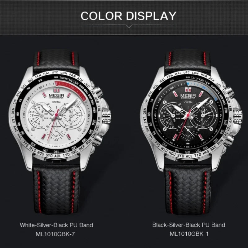 MEGIR 1010 Men's Quartz Watches Original Fashion Creative Clock Leather Strap Strap Analog Display Wrist Watches for Male Gift