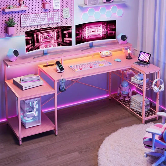 ✨ PowerPlay L-Shaped Gaming Desk – LED Lights, Monitor Stand & Cup Holder ✨