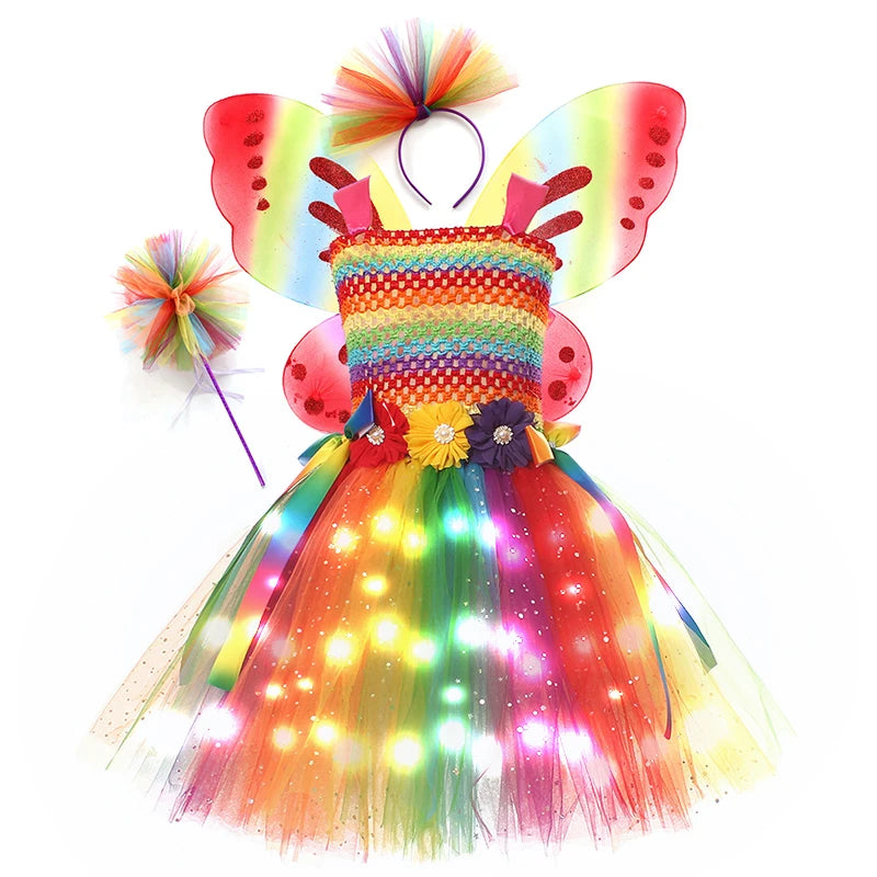 Rainbow Tutu Butterfly Fairy Dress for Girls Halloween Cosplay Elf Princess Birthday Party Dance Stage Play Performance Costume