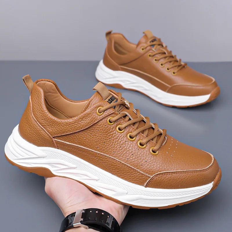 2025 Spring Autumn New Cow Leather Sneakers for Men Solid Color Fashion Casual White Shoes Male Lace Soft Sole Platform Shoe Man
