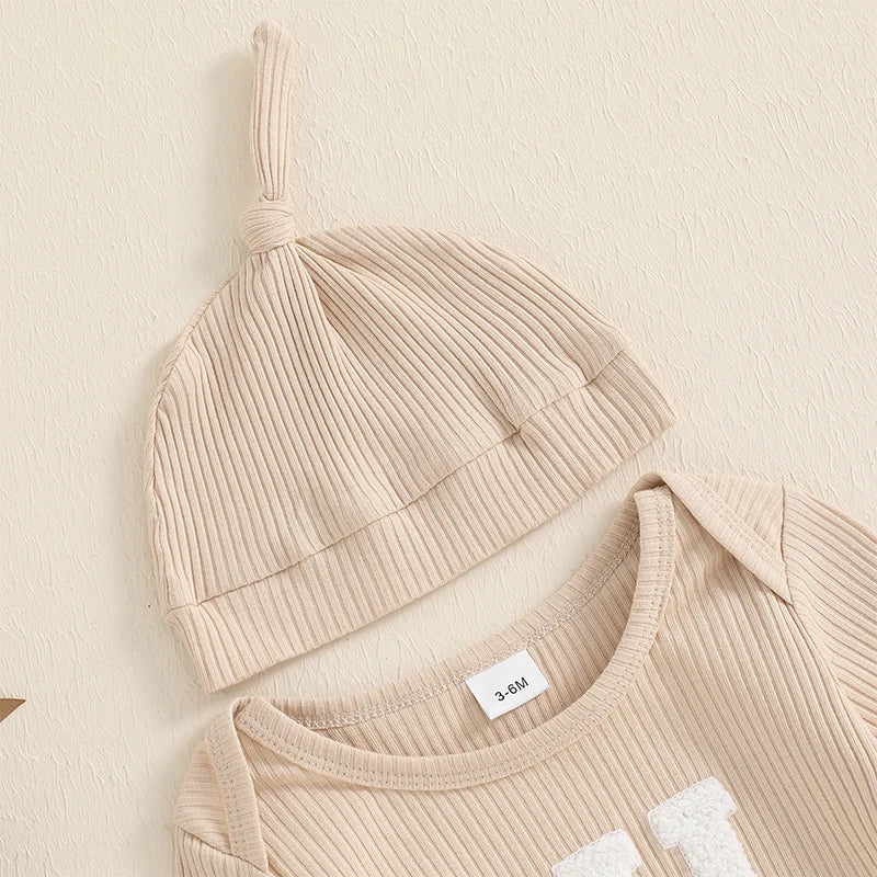 Baby Boys Fall Outfits Letter Pattern Long Sleeve Crew Neck Ribbed Rompers with Hat 2 Pcs Set 0-18M