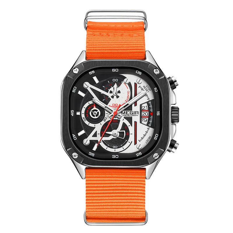 MEGIR Watches for Men Quartz Square Steel Band Butterfly Buckle Luminous Waterproof Multifunctional Mens Watch Reloj Hombre