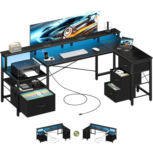 ✨ ProGamer L-Desk – LED Lights, Outlets & Storage Drawers for Ultimate Setup ✨