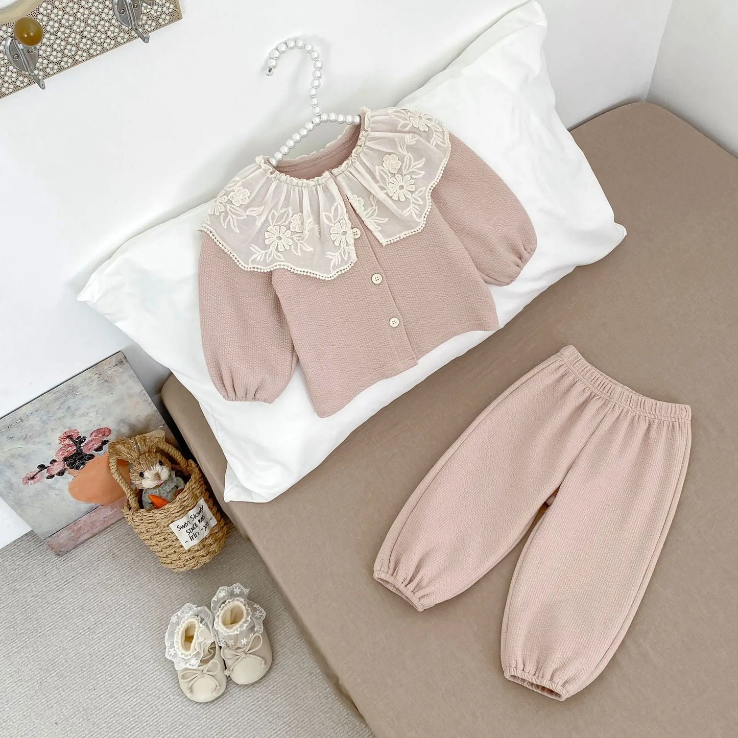 Baby Clothing Set 2025 Autumn Spring New Girls' Long Sleeve Suit Cotton Lace Collar Cardigan +Pant Two-piece Suit