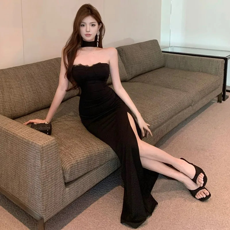 French Socialite Chic Black Strapless Halter Neck Evening Dress Women Elegant Lace Sexy Backless Bodycon Slit Formal Dress New