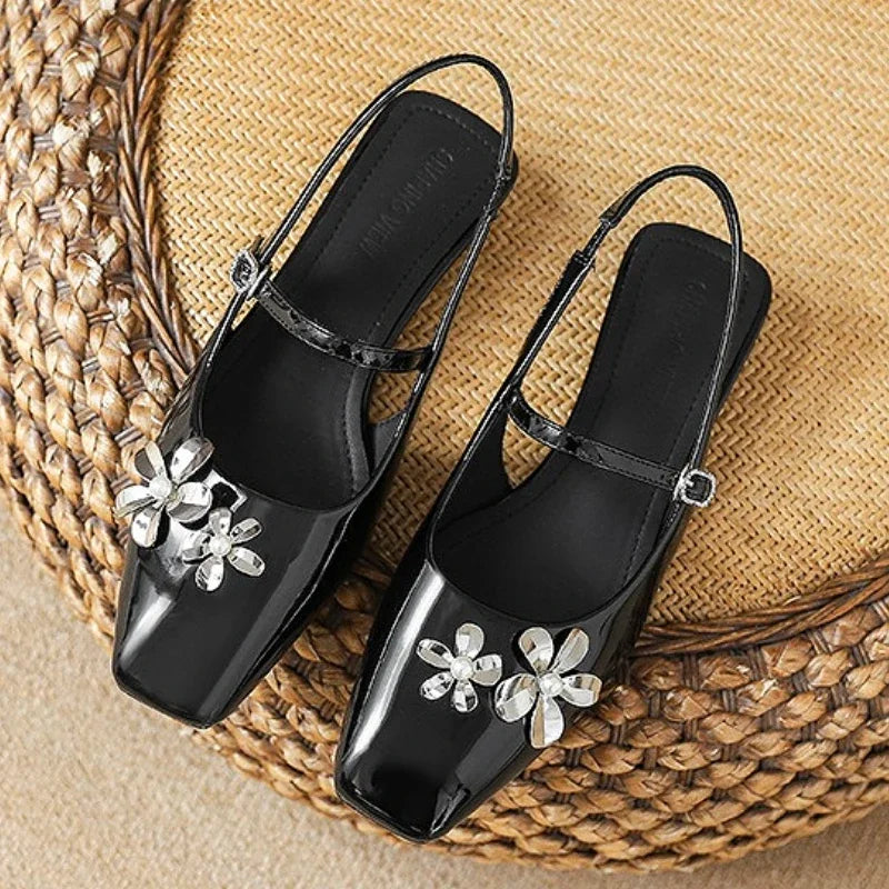 Luxury Rhinestone Flower Design Low Heel Pumps Women Fashion Back Strap Buckle Designer Shoes Comfortable Shallow Dress Shoes