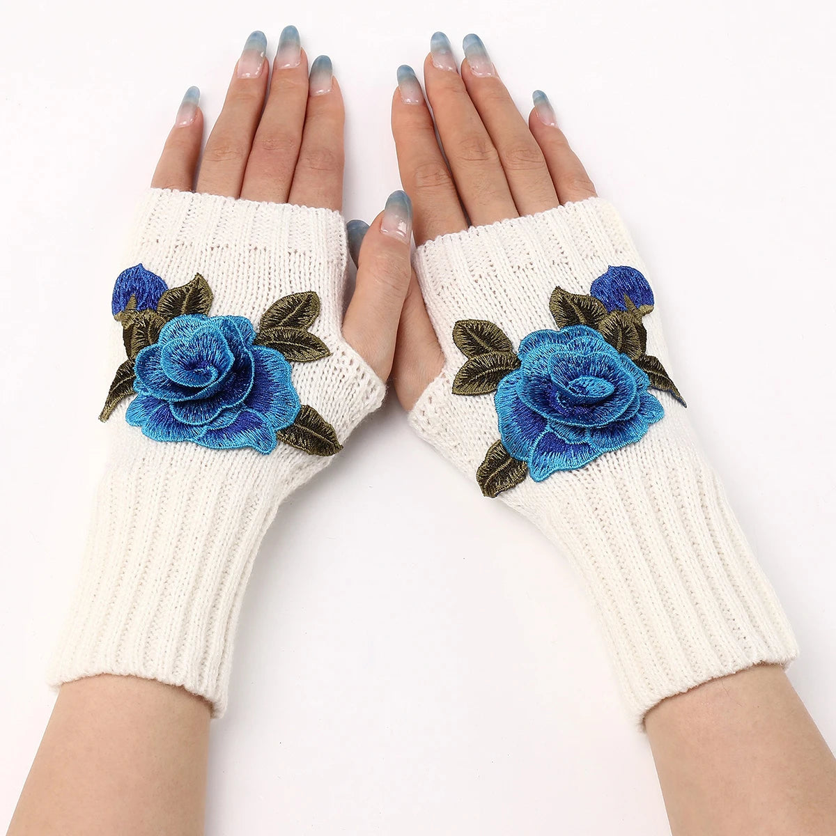 Handmade Embroidered Rose Gloves Women Fingerless Flowers Cuff Gloves Romantic Floral Mittens Hand Warmer Winter Soft Guantes