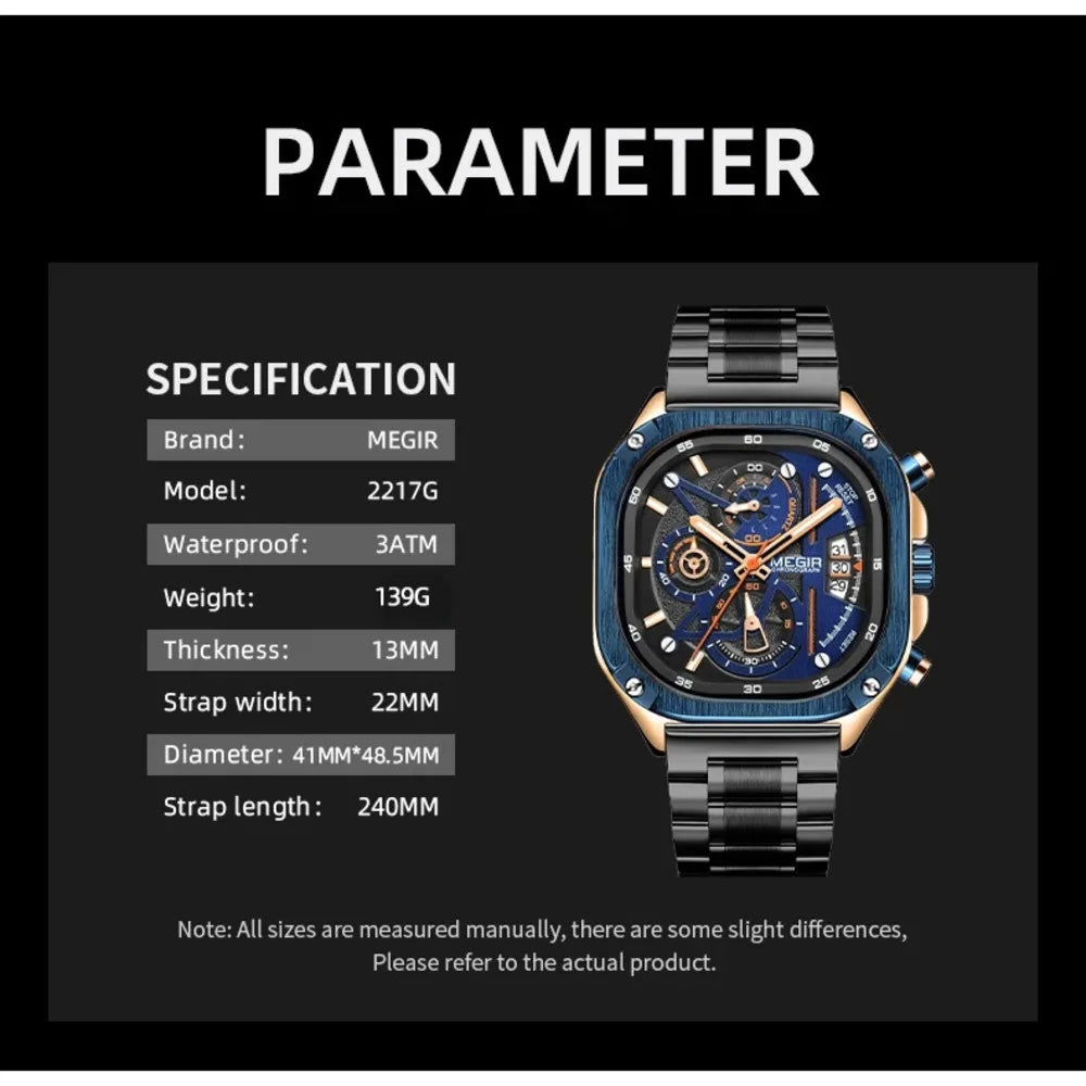 MEGIR Watches for Men Quartz Square Steel Band Butterfly Buckle Luminous Waterproof Multifunctional Mens Watch Reloj Hombre
