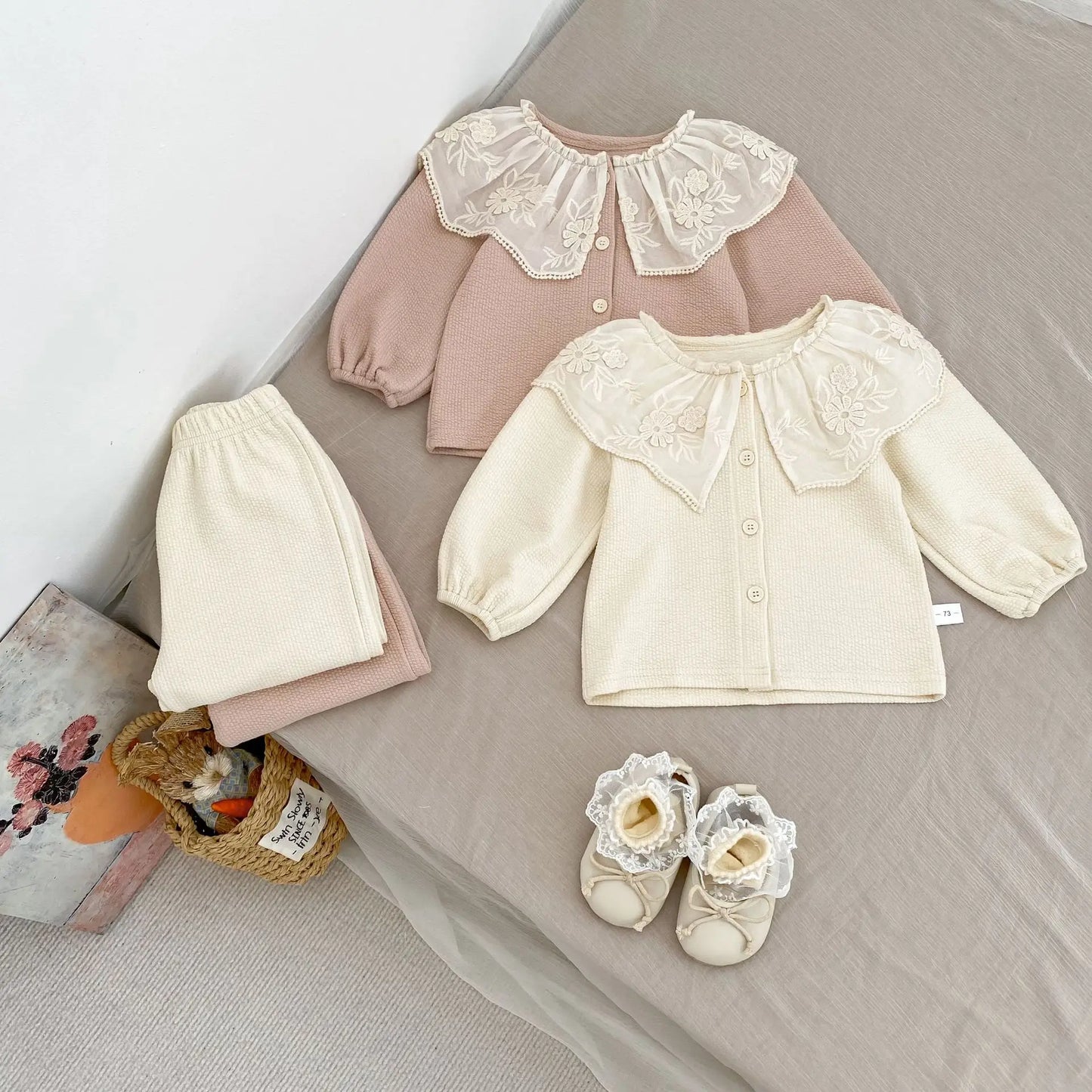 Baby Clothing Set 2025 Autumn Spring New Girls' Long Sleeve Suit Cotton Lace Collar Cardigan +Pant Two-piece Suit