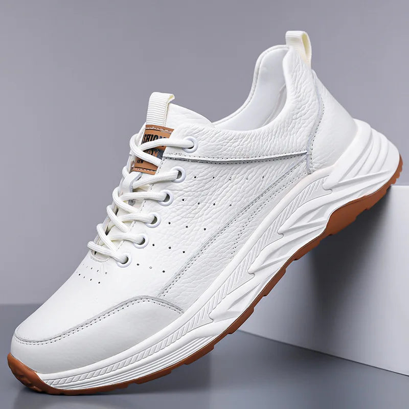 2025 Spring Autumn New Cow Leather Sneakers for Men Solid Color Fashion Casual White Shoes Male Lace Soft Sole Platform Shoe Man