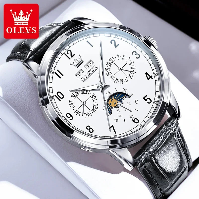 Olevs 6698 automatic watch luxury leather strap calendar waterproof luminous moon phase mechanical watch men