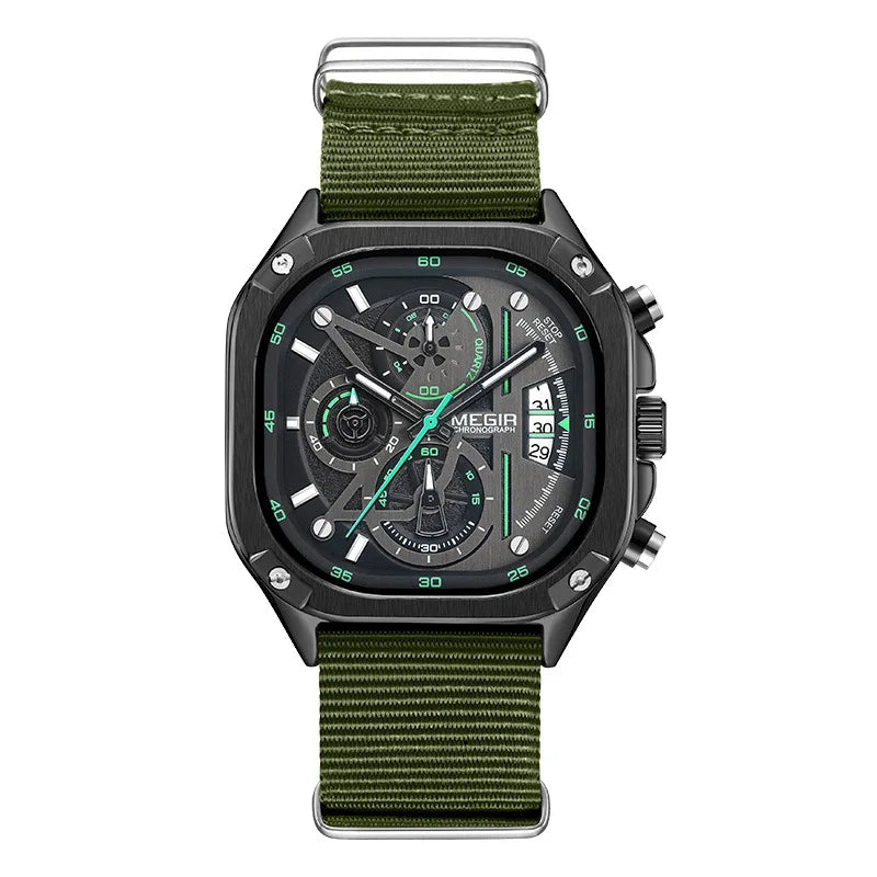 MEGIR Watches for Men Quartz Square Steel Band Butterfly Buckle Luminous Waterproof Multifunctional Mens Watch Reloj Hombre